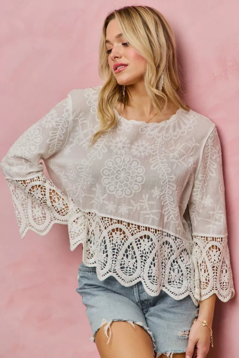 SO ME Floral Embroidered Crochet Lace Trimmed Top - Trendy Tops/Blouses & Shirts in OFF WHITE for Women | The802Gypsy
