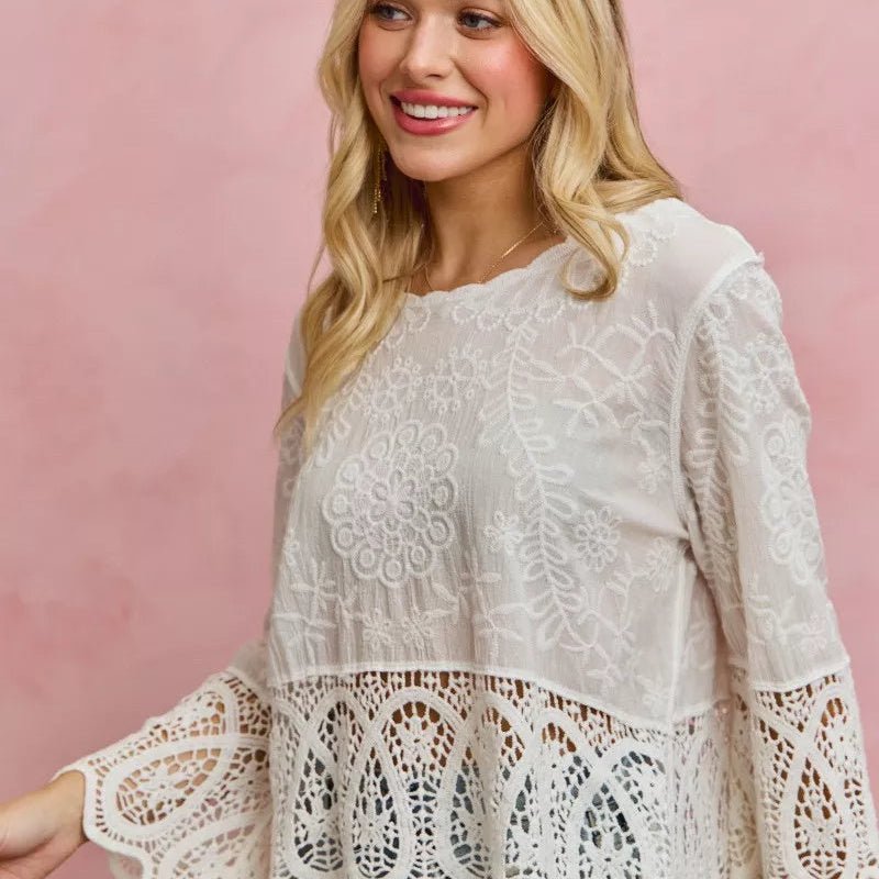 SO ME Floral Embroidered Crochet Lace Trimmed Top - Trendy Tops/Blouses & Shirts in OFF WHITE for Women | The802Gypsy