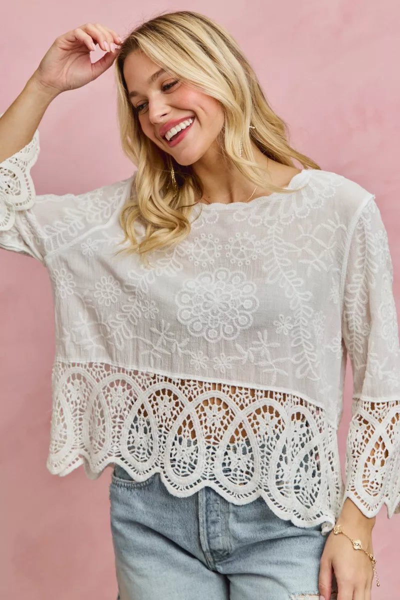 SO ME Floral Embroidered Crochet Lace Trimmed Top - Trendy Tops/Blouses & Shirts in OFF WHITE for Women | The802Gypsy