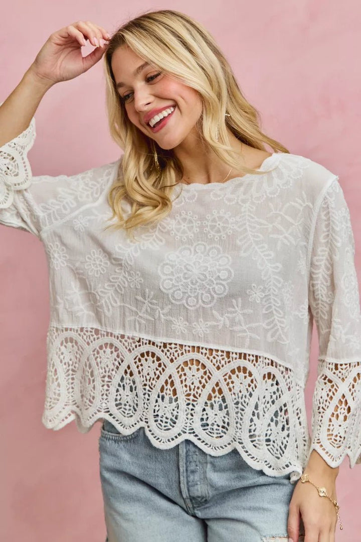 SO ME Floral Embroidered Crochet Lace Trimmed Top - Trendy Tops/Blouses & Shirts in OFF WHITE for Women | The802Gypsy