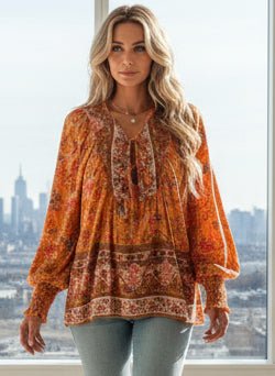 Floral Paisley Tie - Neck Blouse - Trendy Tops/Blouses & Shirts in Orange for Women | The802Gypsy