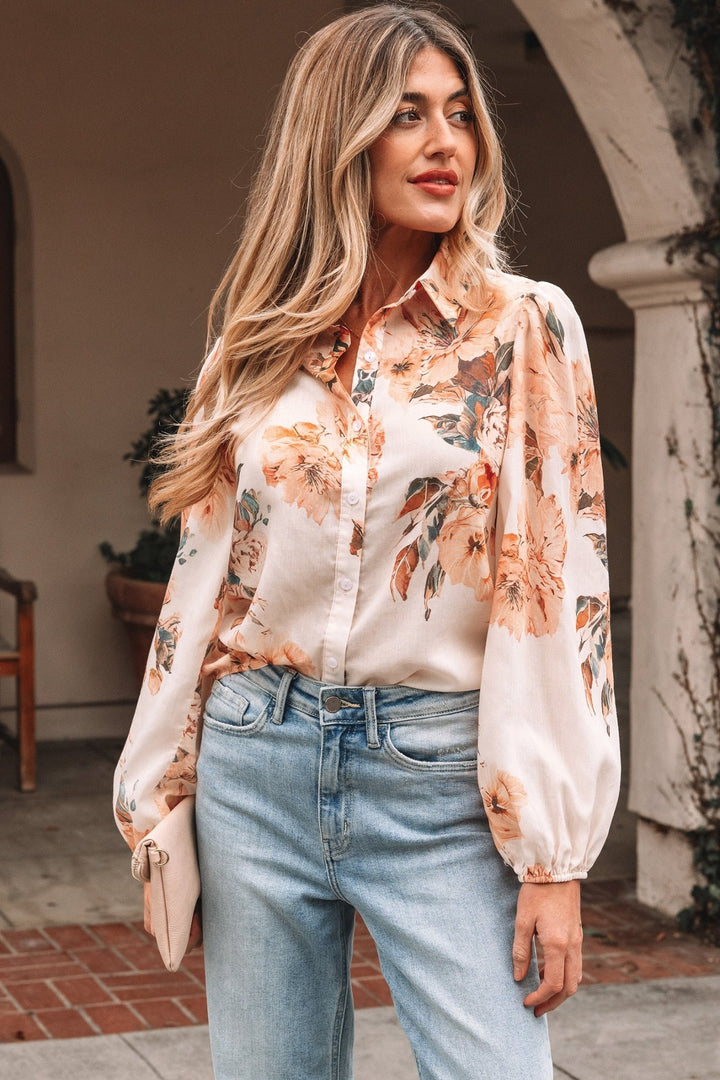 Floral Puff Sleeve Lightweight Blouse - Trendy Tops/Blouses & Shirts in Orange for Women | The802Gypsy