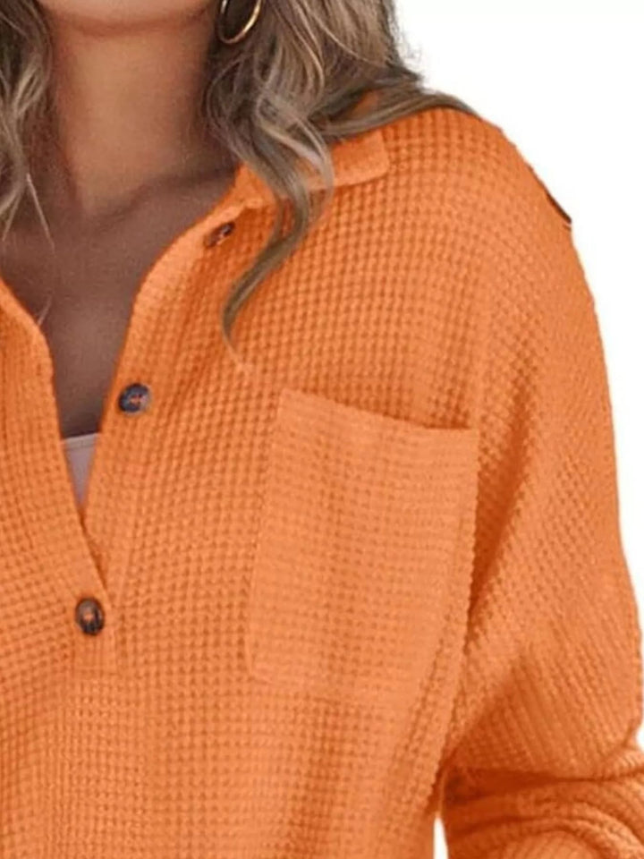 Waffle Knit Button Detail Blouse - Trendy Tops/Blouses & Shirts in Orange for Women | The802Gypsy
