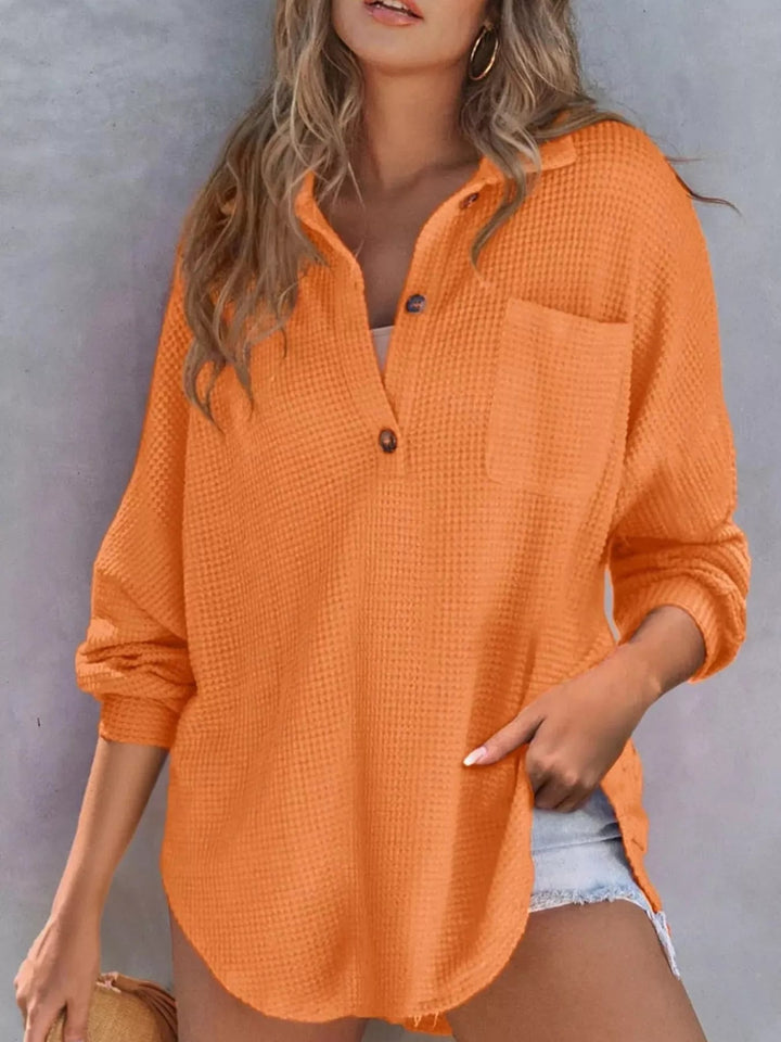 Waffle Knit Button Detail Blouse - Trendy Tops/Blouses & Shirts in Orange for Women | The802Gypsy