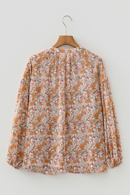 JUNIPER BLVD Floral Boho Long Puff Sleeve Buttoned Shirt - Trendy Tops/Blouses & Shirts in Orange for Women | The802Gypsy