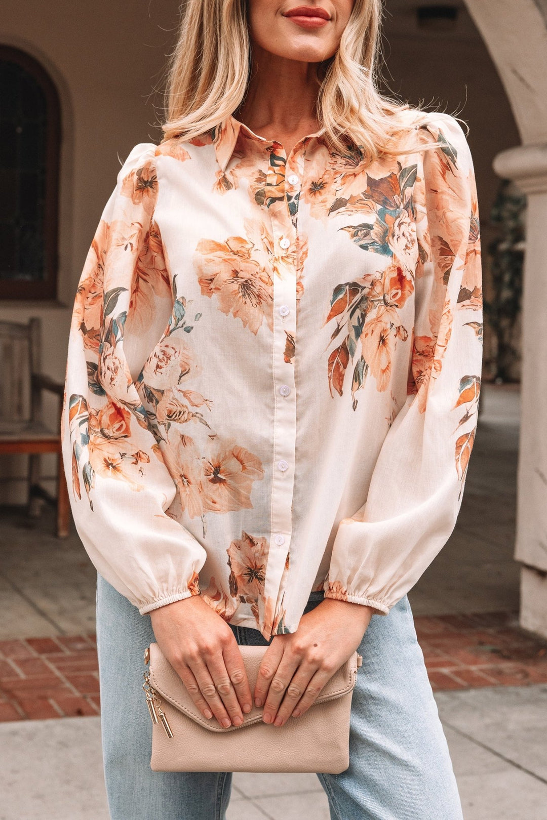 Floral Puff Sleeve Lightweight Blouse - Trendy Tops/Blouses & Shirts in Orange for Women | The802Gypsy