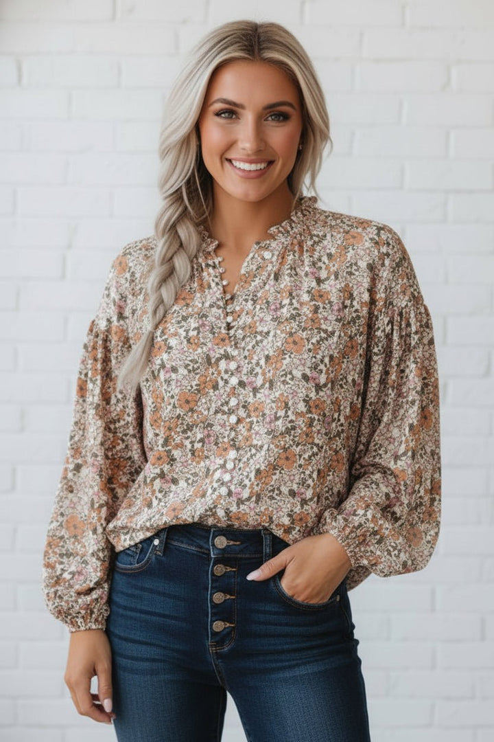 JUNIPER BLVD Floral Boho Long Puff Sleeve Buttoned Shirt - Trendy Tops/Blouses & Shirts in Orange for Women | The802Gypsy