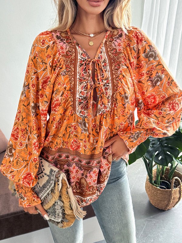 Floral Paisley Tie - Neck Blouse - Trendy Tops/Blouses & Shirts in Orange for Women | The802Gypsy