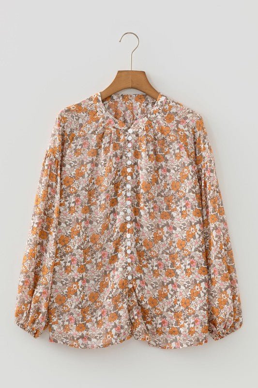 JUNIPER BLVD Floral Boho Long Puff Sleeve Buttoned Shirt - Trendy Tops/Blouses & Shirts in Orange for Women | The802Gypsy