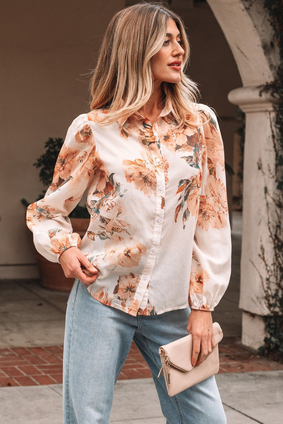 Floral Puff Sleeve Lightweight Blouse - Trendy Tops/Blouses & Shirts in Orange for Women | The802Gypsy