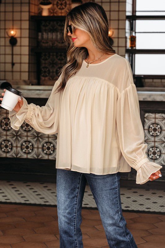 JUNIPER BLVD Chiffon Ruffle Long Sleeve Blouse - Trendy Tops/Blouses & Shirts in Parchment for Women | The802Gypsy