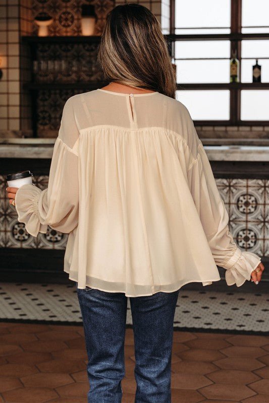 JUNIPER BLVD Chiffon Ruffle Long Sleeve Blouse - Trendy Tops/Blouses & Shirts in Parchment for Women | The802Gypsy