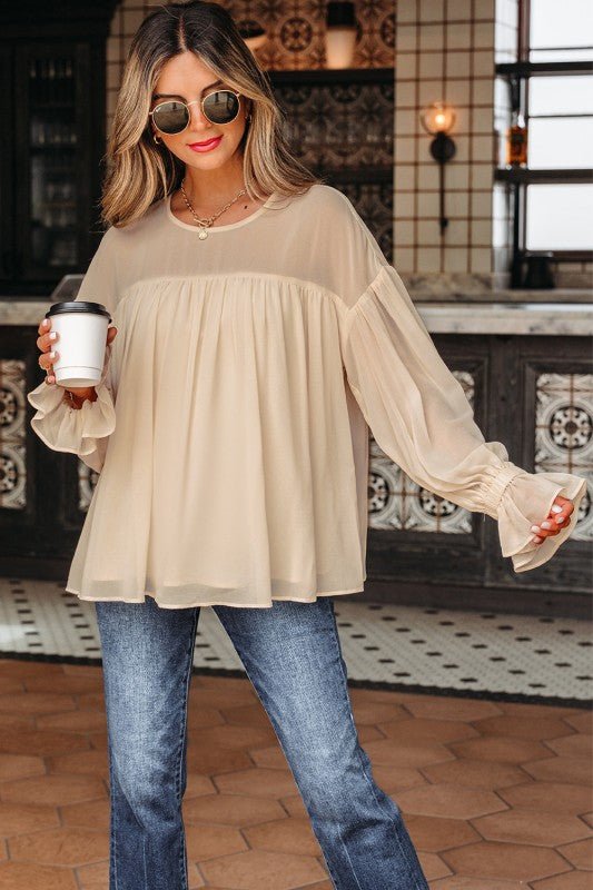 JUNIPER BLVD Chiffon Ruffle Long Sleeve Blouse - Trendy Tops/Blouses & Shirts in Parchment for Women | The802Gypsy