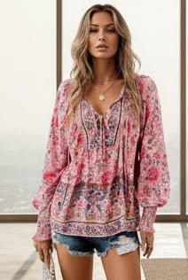 Floral Paisley Tie - Neck Blouse - Trendy Tops/Blouses & Shirts in Pink for Women | The802Gypsy