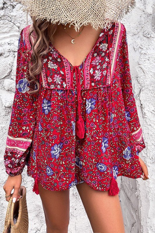 Floral Print Deep V Boho Top - Trendy Tops/Blouses & Shirts in RED for Women | The802Gypsy