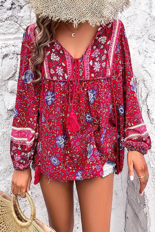 Floral Print Deep V Boho Top - Trendy Tops/Blouses & Shirts in RED for Women | The802Gypsy