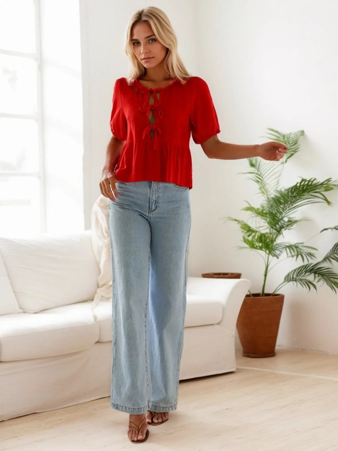 Red Tie Front Short Sleeve Blouse - Trendy Tops/Blouses & Shirts in Red for Women | The802Gypsy