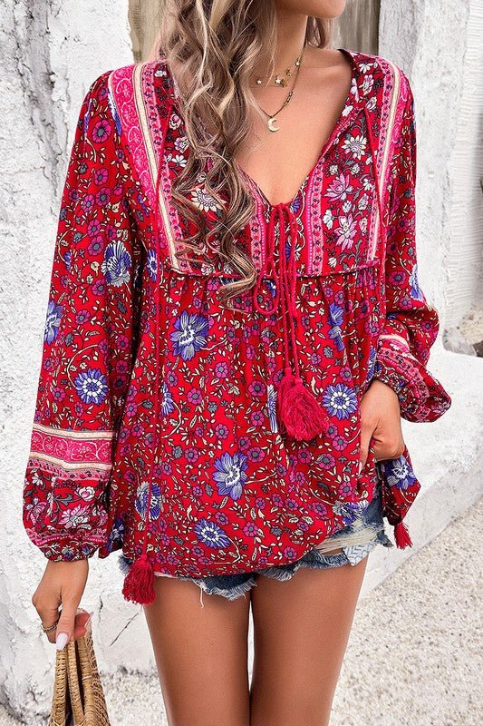 Floral Print Deep V Boho Top - Trendy Tops/Blouses & Shirts in RED for Women | The802Gypsy