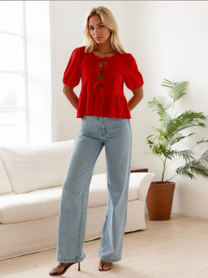 Red Tie Front Short Sleeve Blouse - Trendy Tops/Blouses & Shirts in Red for Women | The802Gypsy