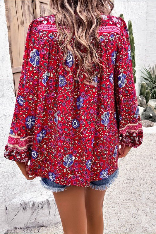 Floral Print Deep V Boho Top - Trendy Tops/Blouses & Shirts in RED for Women | The802Gypsy