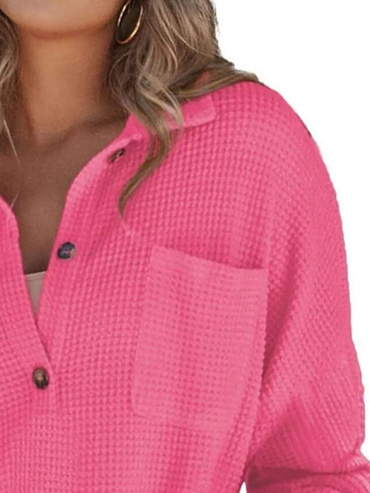 Waffle Knit Button Detail Blouse - Trendy Tops/Blouses & Shirts in Rose Red for Women | The802Gypsy