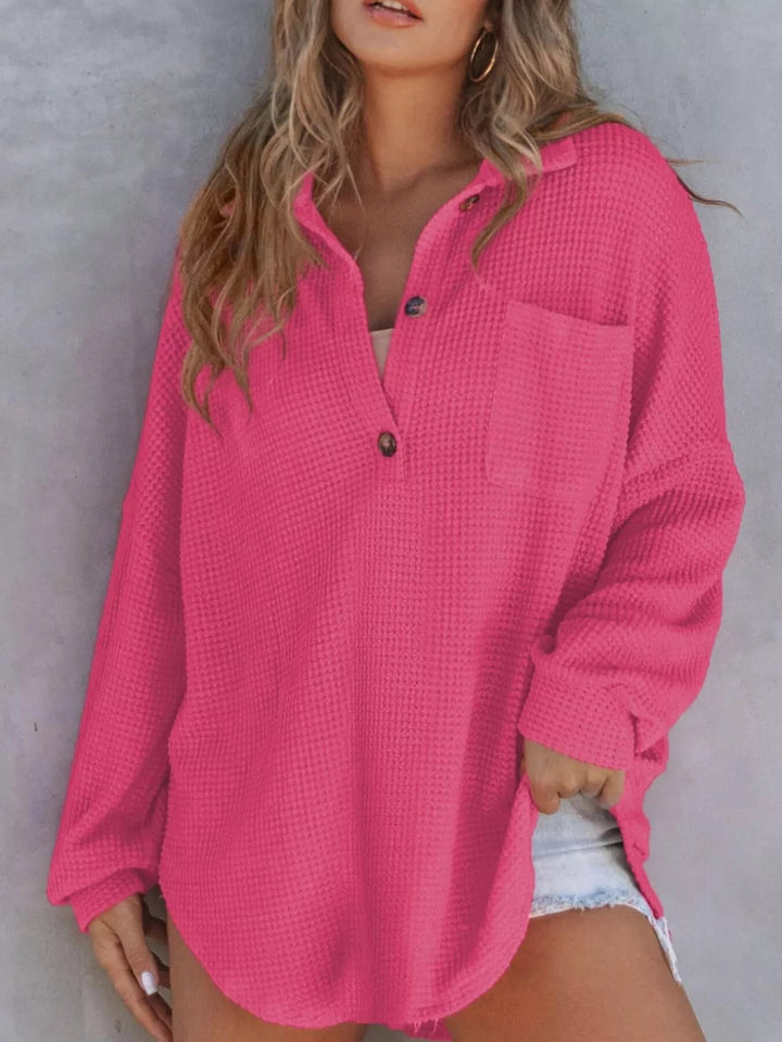 Waffle Knit Button Detail Blouse - Trendy Tops/Blouses & Shirts in Rose Red for Women | The802Gypsy