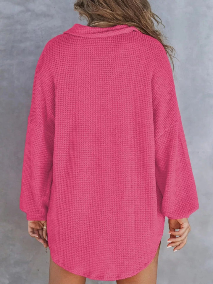 Waffle Knit Button Detail Blouse - Trendy Tops/Blouses & Shirts in Rose Red for Women | The802Gypsy