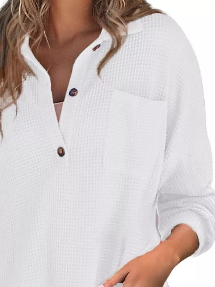 Waffle Knit Button Detail Blouse - Trendy Tops/Blouses & Shirts in White for Women | The802Gypsy