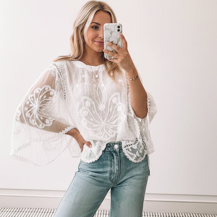 Lace Sheer Sleeve Blouse - Trendy Tops/Blouses & Shirts in White for Women | The802Gypsy