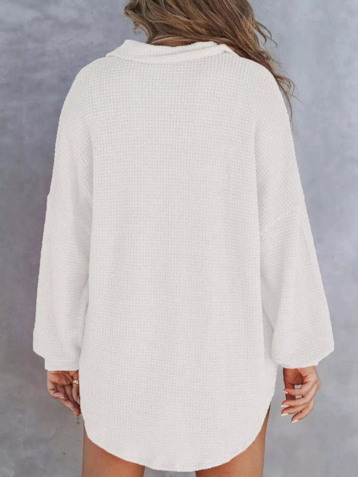 Waffle Knit Button Detail Blouse - Trendy Tops/Blouses & Shirts in White for Women | The802Gypsy