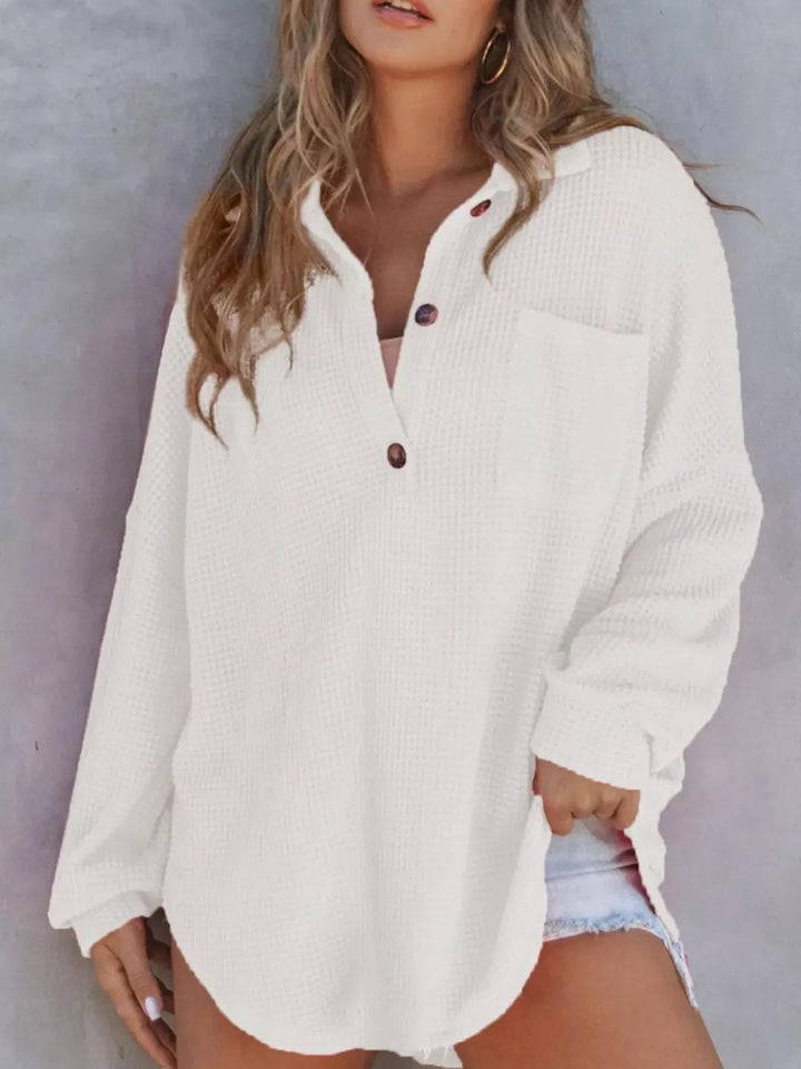 Waffle Knit Button Detail Blouse - Trendy Tops/Blouses & Shirts in White for Women | The802Gypsy