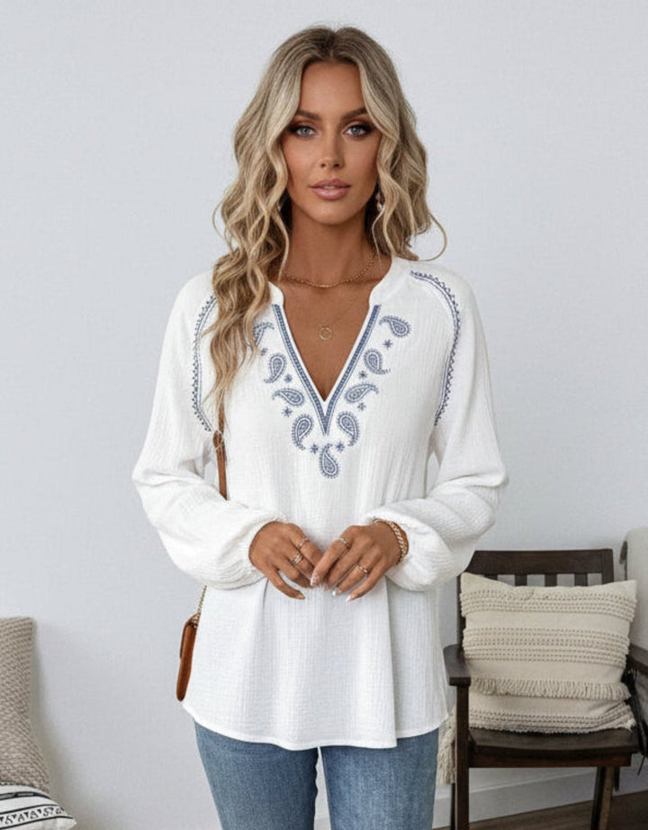 Paisley Pattern Notched Cotton Long Sleeve Blouse - Trendy Tops/Blouses & Shirts in White for Women | The802Gypsy