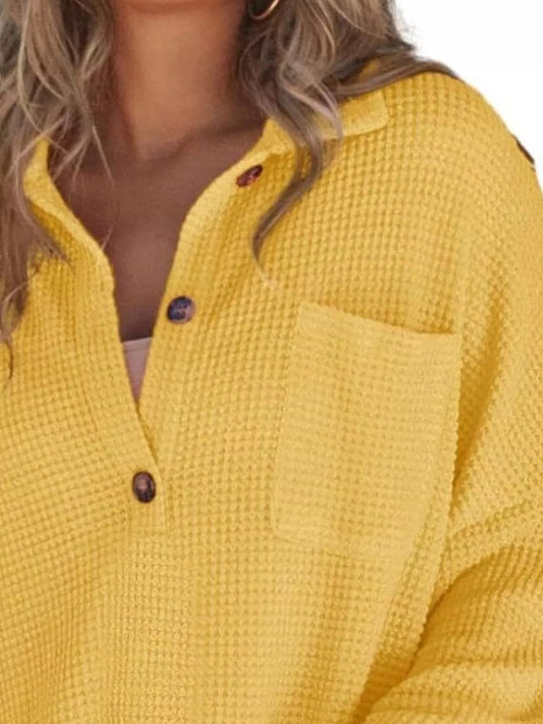 Waffle Knit Button Detail Blouse - Trendy Tops/Blouses & Shirts in Yellow for Women | The802Gypsy