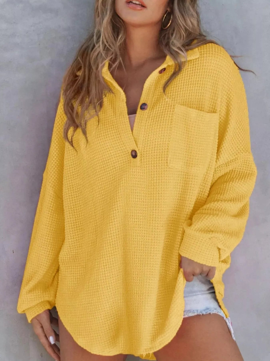 Waffle Knit Button Detail Blouse - Trendy Tops/Blouses & Shirts in Yellow for Women | The802Gypsy
