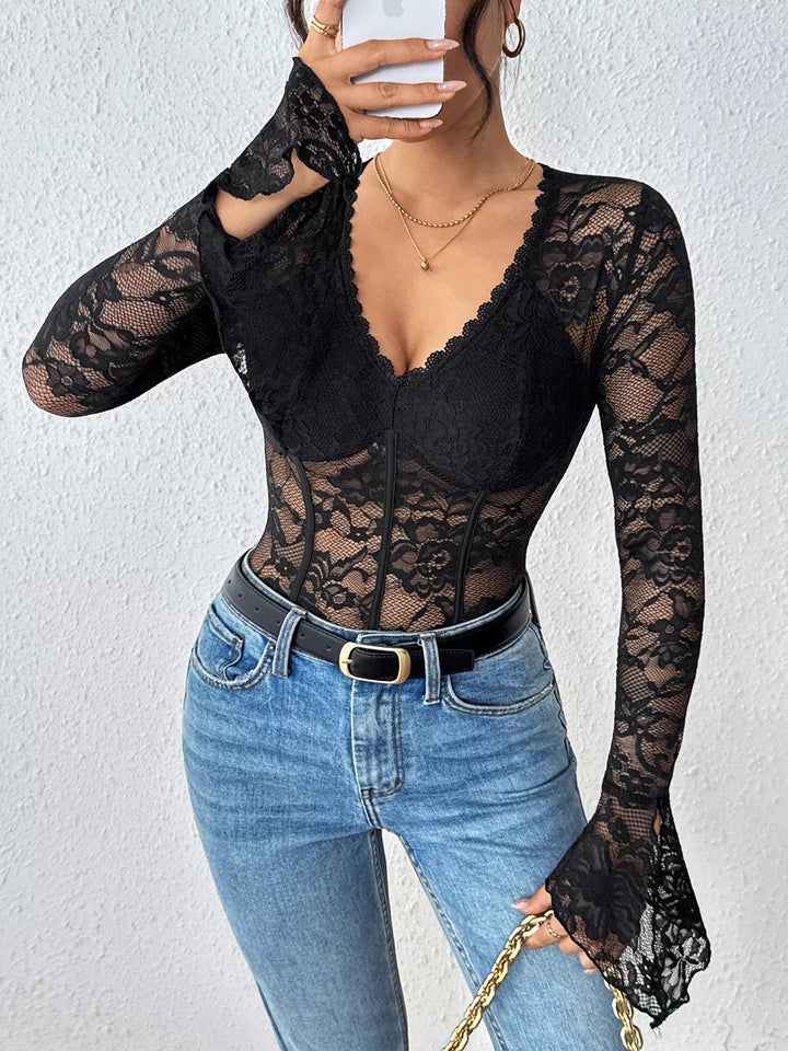 Lace Long Sleeve Bodysuit - Trendy Tops/Bodysuits in Black for Women | The802Gypsy