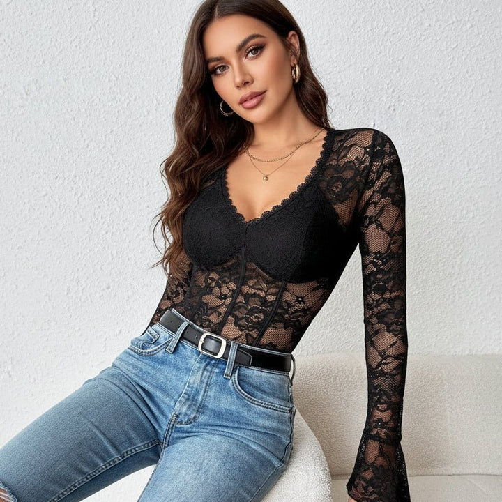 Lace Long Sleeve Bodysuit - Trendy Tops/Bodysuits in Black for Women | The802Gypsy