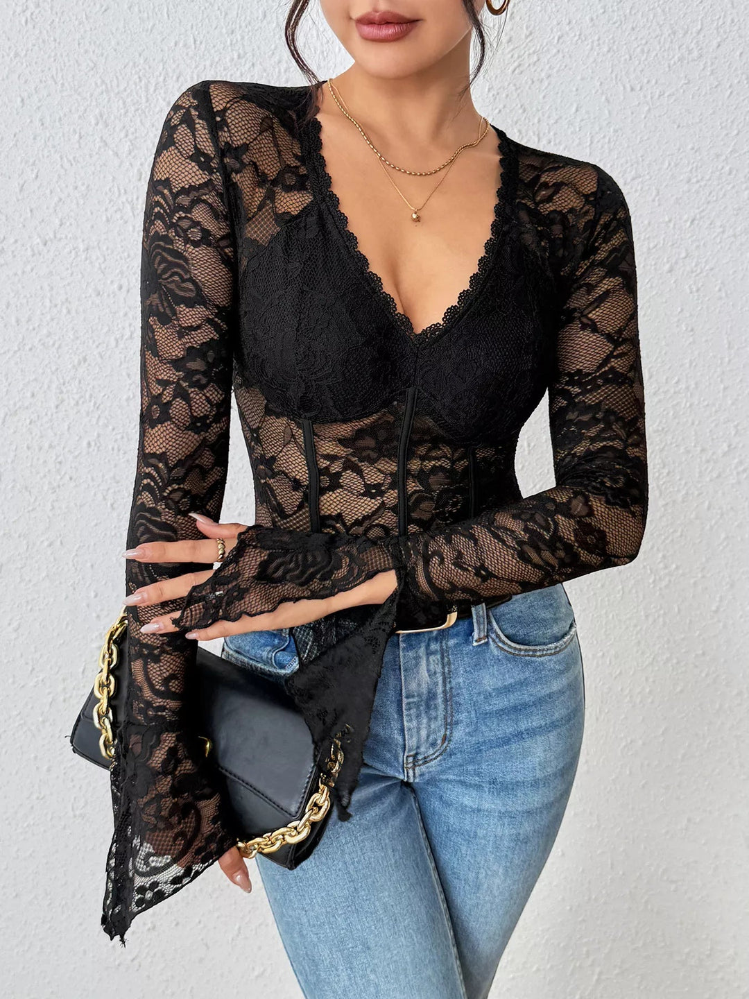 Lace Long Sleeve Bodysuit - Trendy Tops/Bodysuits in Black for Women | The802Gypsy