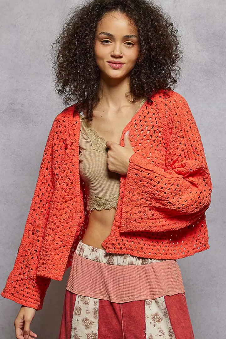 POL Crochet Open Front Cardigan - Trendy Tops/Cardigan in NEON ORANGE for Women | The802Gypsy