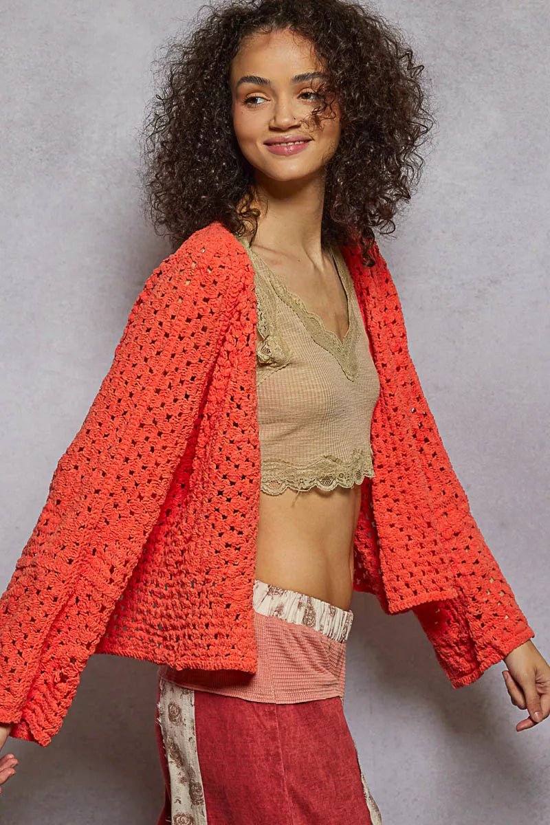 POL Crochet Open Front Cardigan - Trendy Tops/Cardigan in NEON ORANGE for Women | The802Gypsy