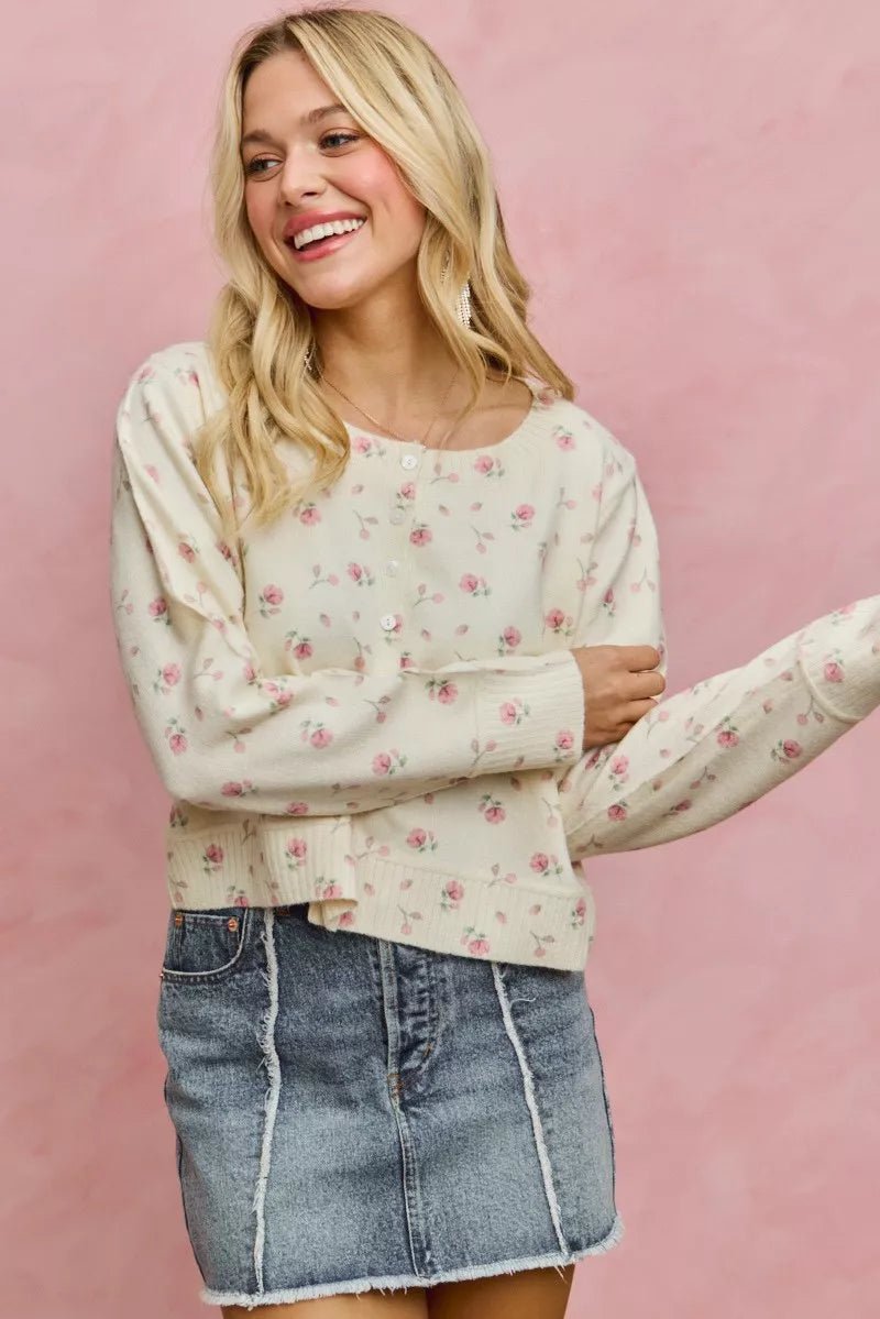 SO ME Floral Print Button Down Sweater Cardigan - Trendy Tops/Cardigans in BLUSH for Women | The802Gypsy
