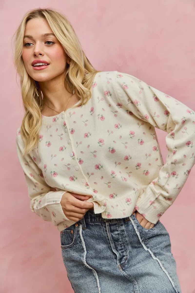SO ME Floral Print Button Down Sweater Cardigan - Trendy Tops/Cardigans in BLUSH for Women | The802Gypsy