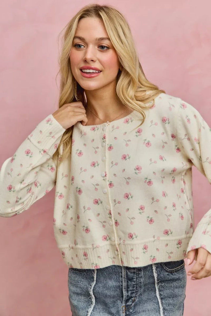 SO ME Floral Print Button Down Sweater Cardigan - Trendy Tops/Cardigans in BLUSH for Women | The802Gypsy