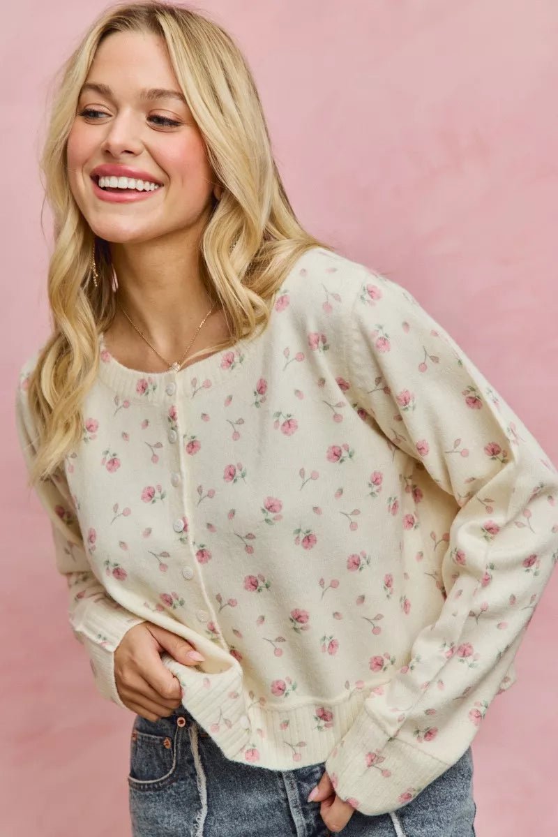 SO ME Floral Print Button Down Sweater Cardigan - Trendy Tops/Cardigans in BLUSH for Women | The802Gypsy