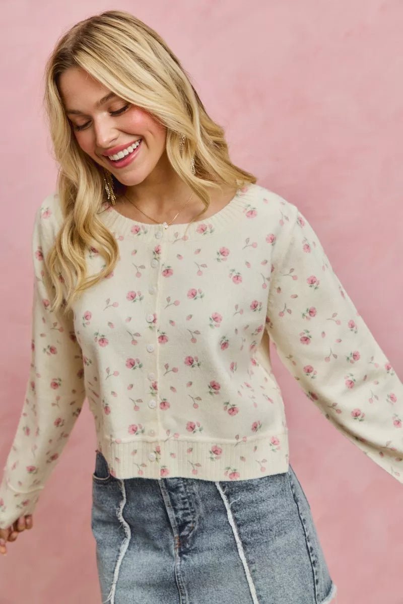 SO ME Floral Print Button Down Sweater Cardigan - Trendy Tops/Cardigans in BLUSH for Women | The802Gypsy