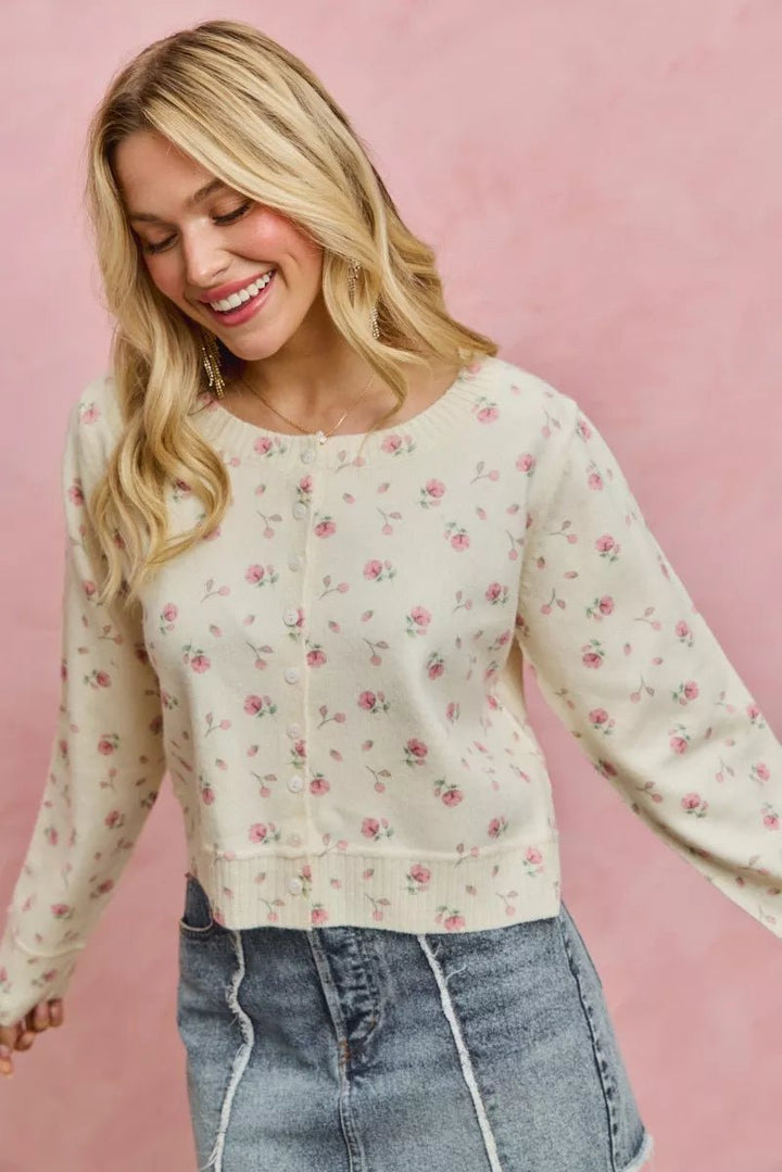 SO ME Floral Print Button Down Sweater Cardigan - Trendy Tops/Cardigans in BLUSH for Women | The802Gypsy