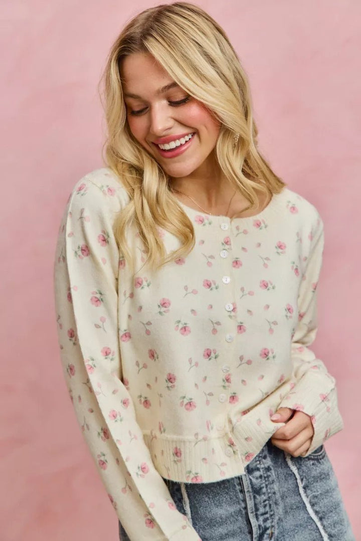 SO ME Floral Print Button Down Sweater Cardigan - Trendy Tops/Cardigans in BLUSH for Women | The802Gypsy