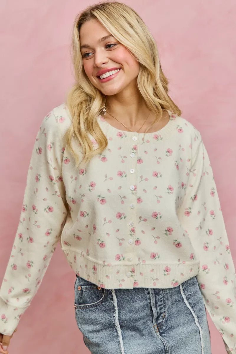 SO ME Floral Print Button Down Sweater Cardigan - Trendy Tops/Cardigans in BLUSH for Women | The802Gypsy