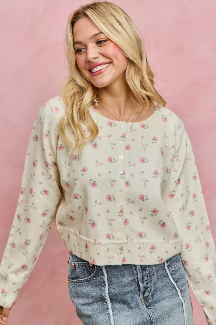 SO ME Floral Print Button Down Sweater Cardigan - Trendy Tops/Cardigans in BLUSH for Women | The802Gypsy
