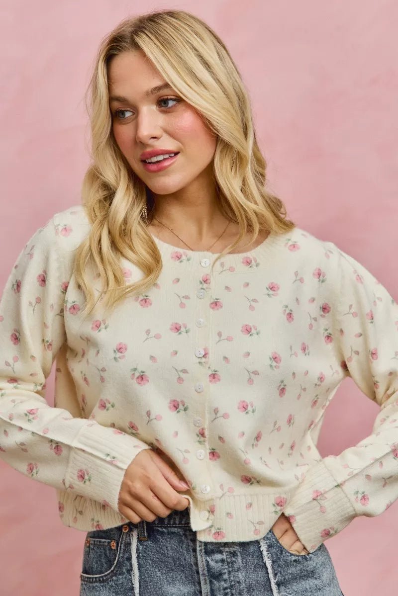 SO ME Floral Print Button Down Sweater Cardigan - Trendy Tops/Cardigans in BLUSH for Women | The802Gypsy