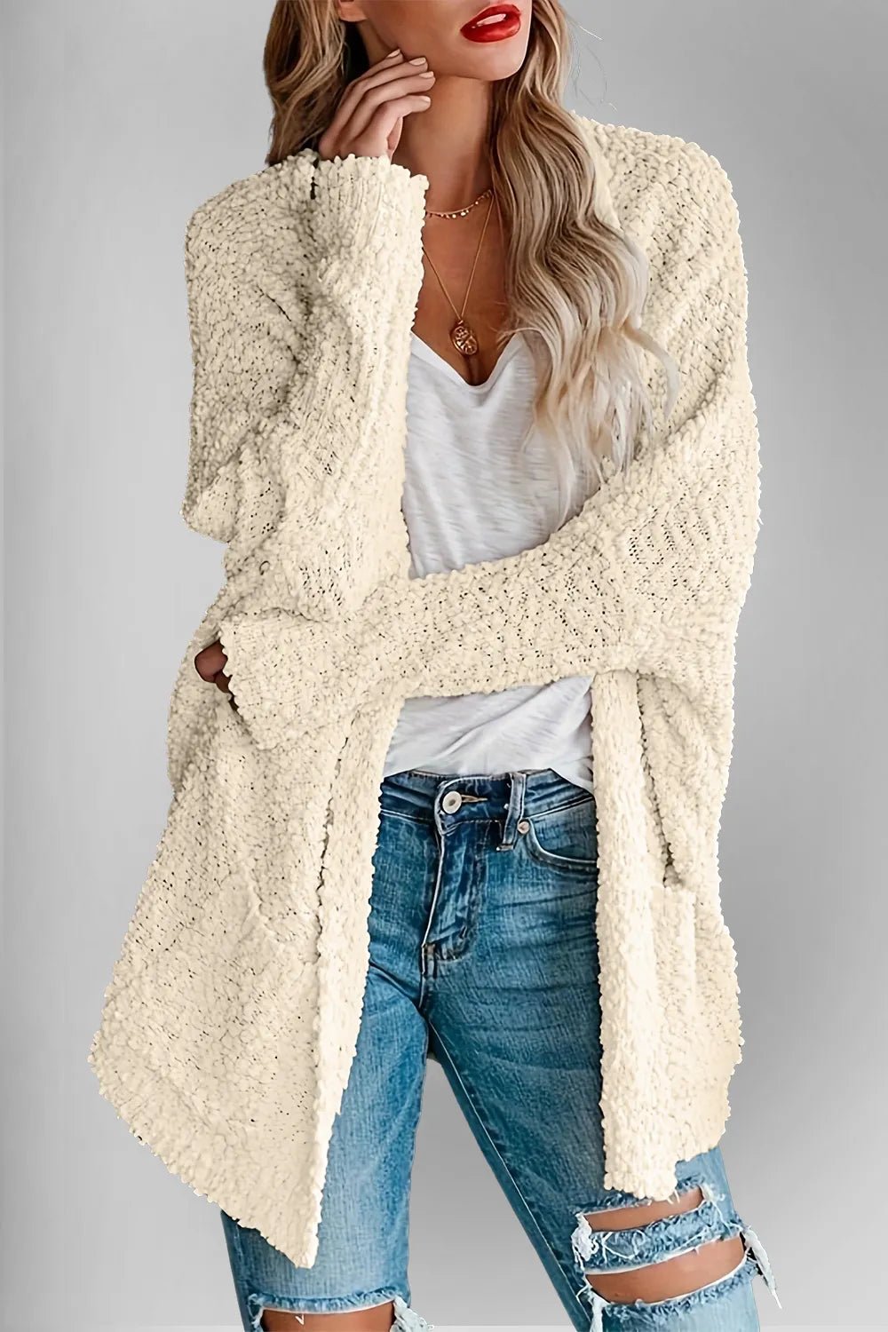 Double Take Pocketed Open Front Long Sleeve Cardigan - Trendy Tops/Cardigans in Cream for Women | The802Gypsy